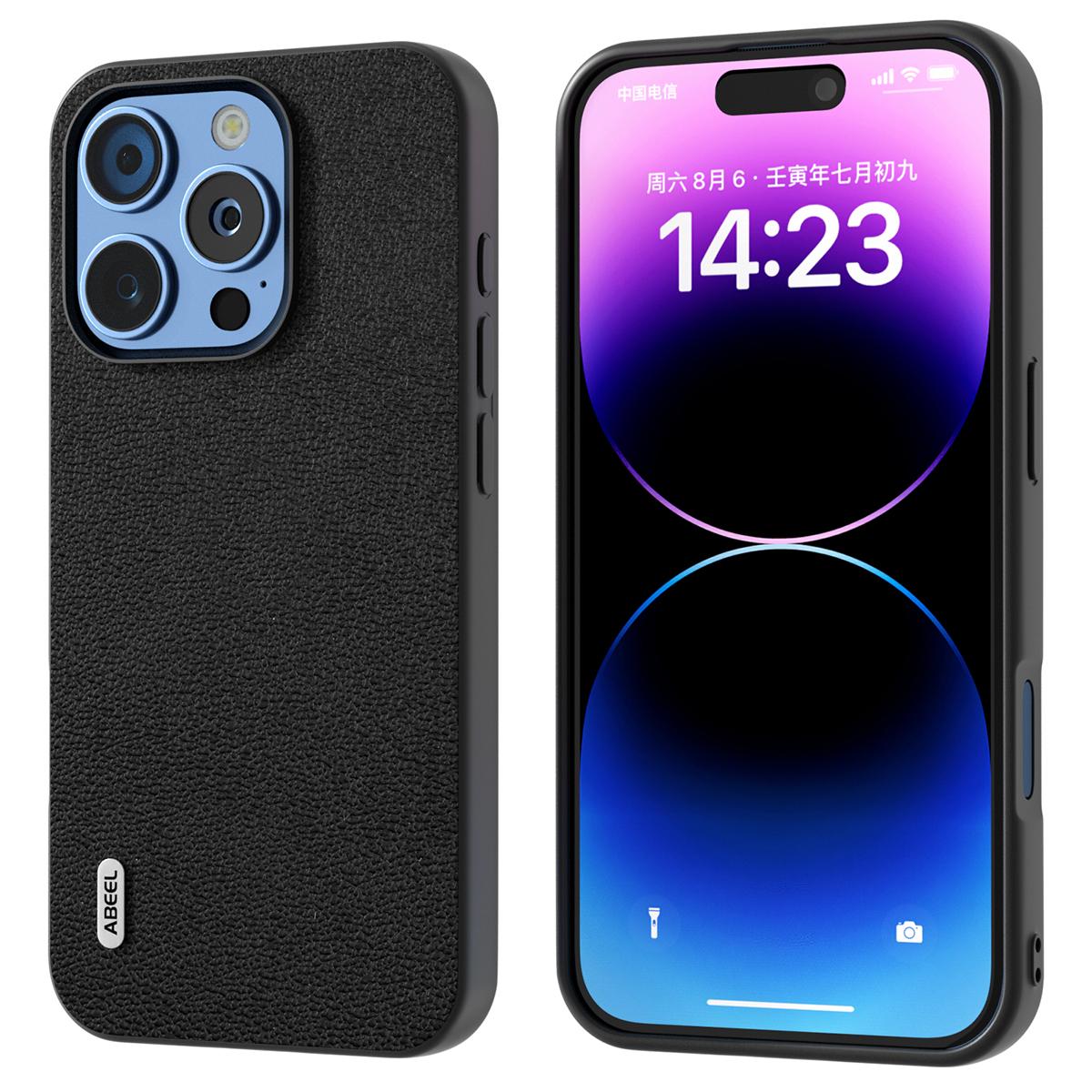 

ABEEL For iPhone 16 Pro Case Genuine Cow Leather Coated PC+TPU Phone Cover Black