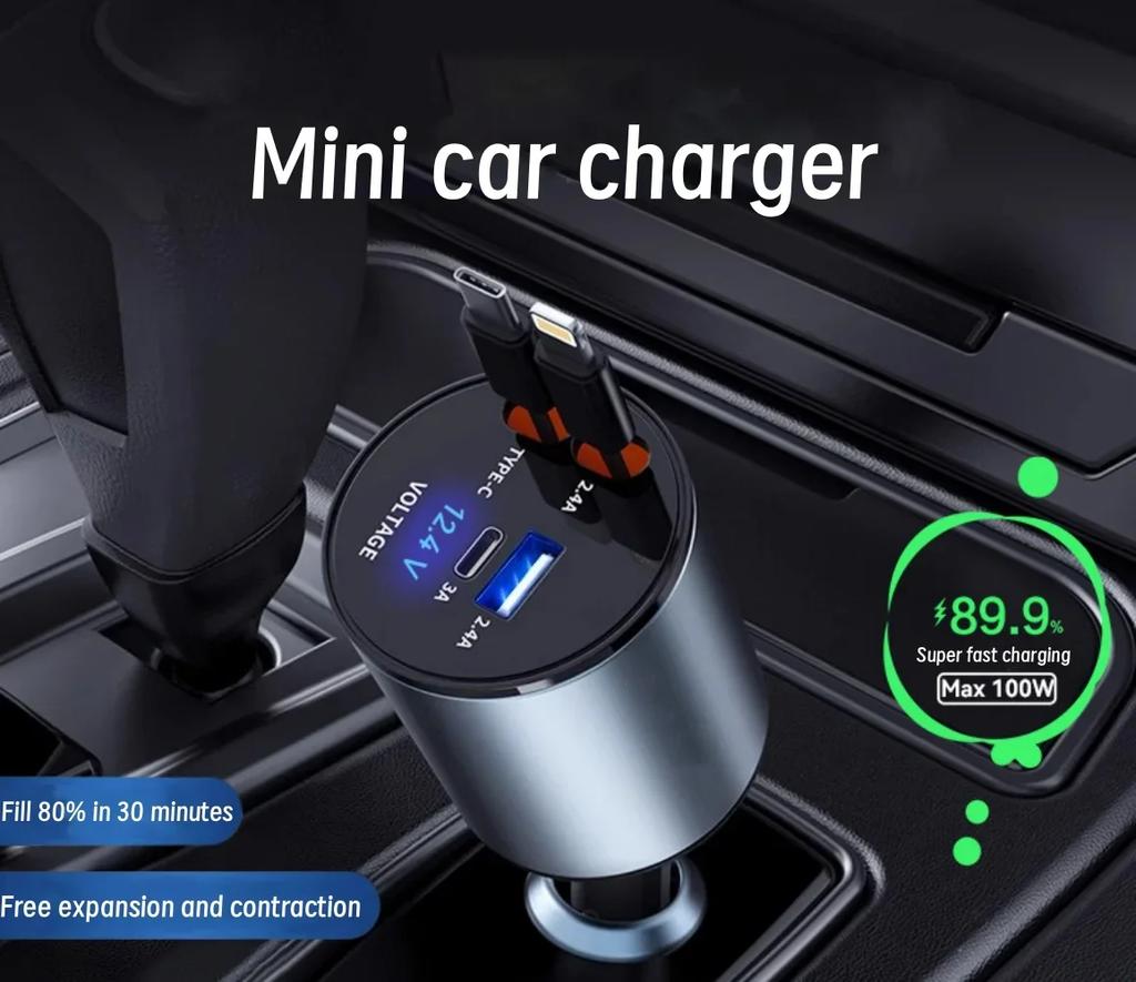 Four in One Metal Car Charger, Super Fast Charging, Telescopic Cable, Car Cigarette Lighter, PD300000 Bending Mini Car Charger