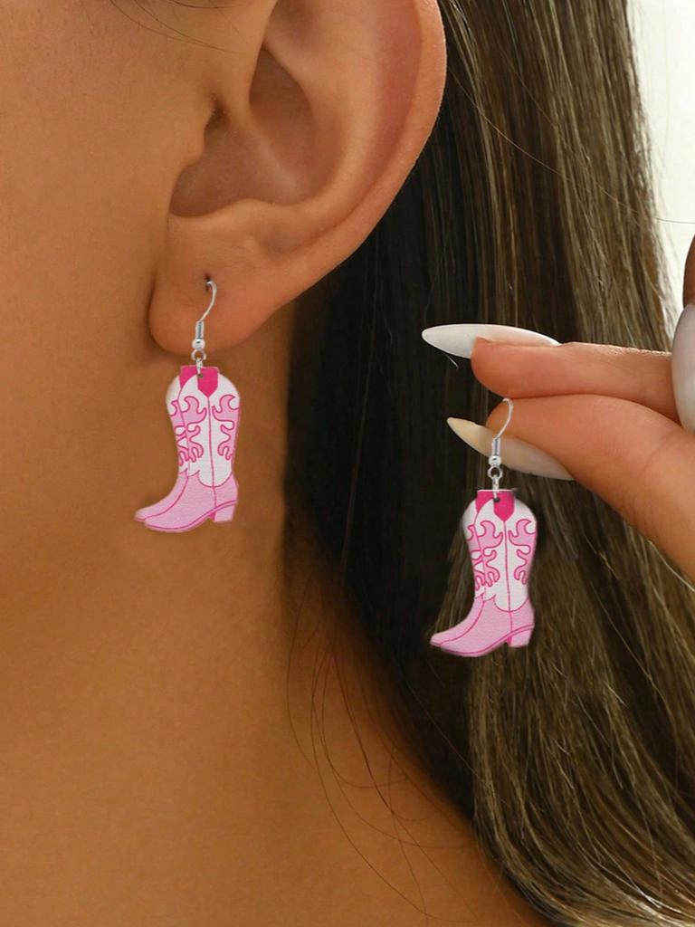 1 Pair Western Cowgirl Style Versatile Pink Acrylic Wavy Cowboy Boot Drop Earrings, Suitable For Women Party And Everyday Wear