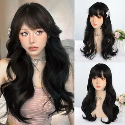 Synthetic Natural Black Wigs Long Wavy Wig for Women with Bangs Halloween Party Daily Heat Resistant Fibre Hair Wigs