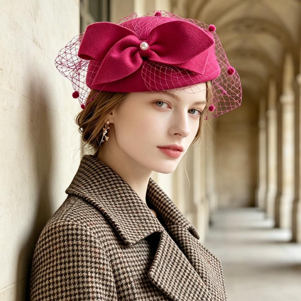 Elegant Bow Fedora Hat French Style Woolen Beret Airline Stewardess Caps Fashion Show
