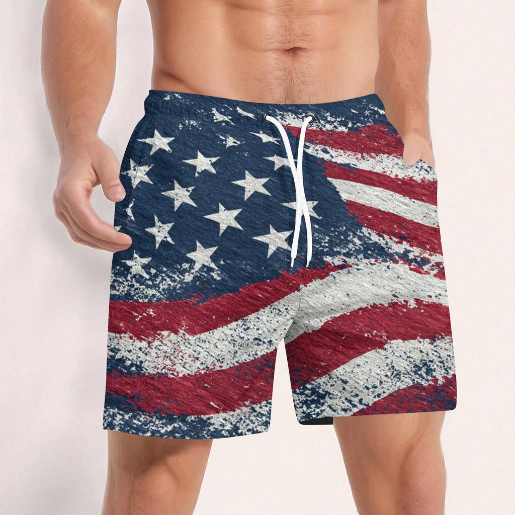 Men Swim Trunks Drawstring Waist 3D Star Print Quick Dry Board Shorts with Mesh and Side Pockets