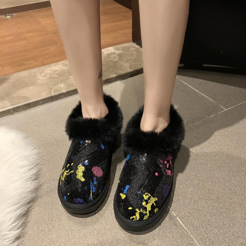 Sequins Women's Snow Boots Fur Warm Winter Shoes Women Ankle Boots Slip On Ladies Booties Round Toe Female Flats Cotton Shoes