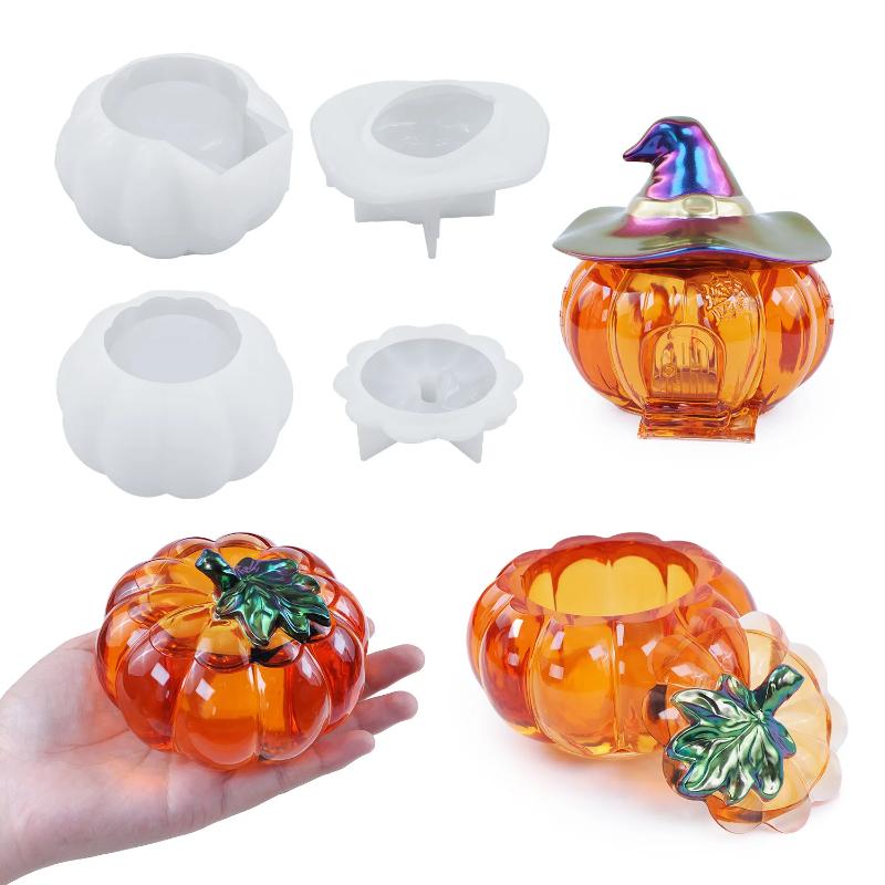 DIY Halloween Pumpkin Storage Jar Box Silicone Mold with Lid Crystal Epoxy Resin Mirror Gypsum Mold Home Decor Gifts