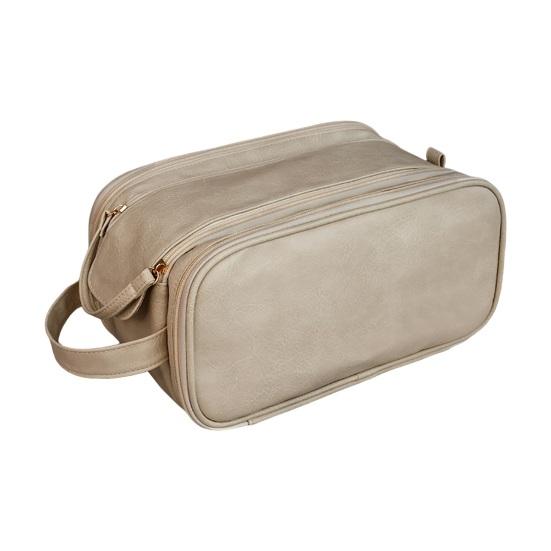 Portable Cosmetic Bag Large Capacity Faux Leather Dual Zipper Closure 3-layer Pure Color