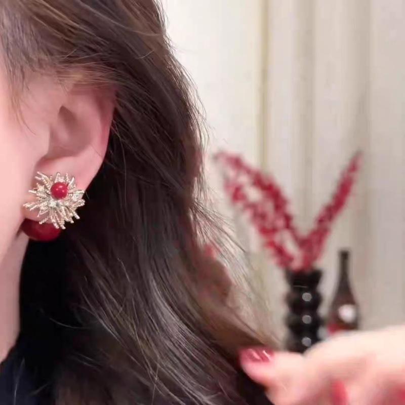 New Year's red pearl zircon fireworks stud earrings, popular two bead earrings, women's fashion design sense, versatile earrings