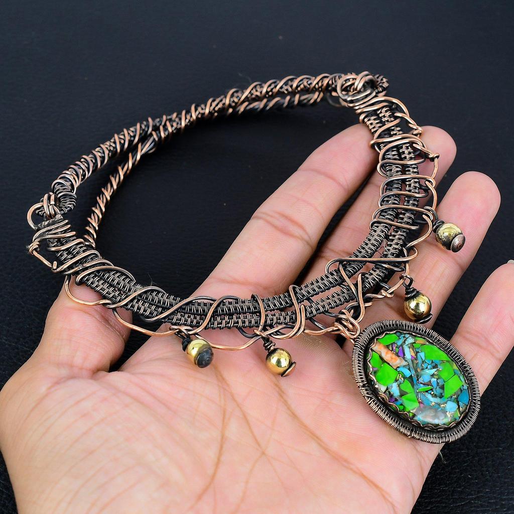 Fiesta Kingman Turquoise Necklace, 999 Copper Wire Wrapped Necklace Jewelry, Adjustable Chain Gemstone Handmade Jewelry Necklace, Gift For Friend