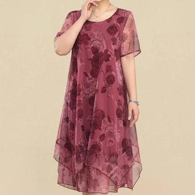 2024 O-Neck Short Sleeve Dresses Vintage Floral Printed Summer Gauze Spliced Women's Clothing Stylish Irregular Loose Midi Dress