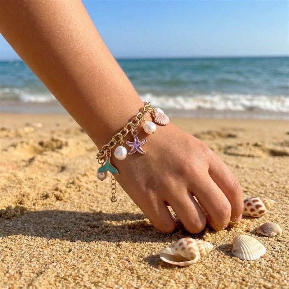 Boho Metal Gold Bracelet Pearl Bohemian Beach Jewelry Vintage Shell Starfish Bracelet  Women