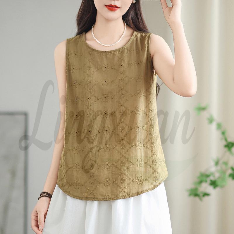 Pure Cotton Embroidered Sleeveless Top - Versatile Summer Vest for Women 2X Large