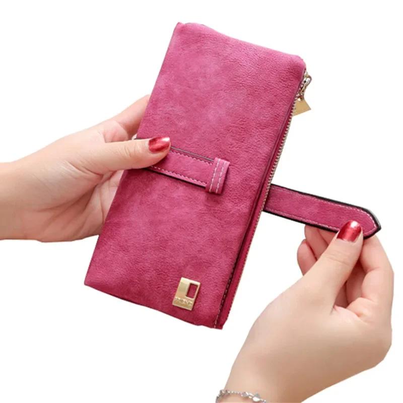 Solid Drawstring Nubuck Leather Zipper Long Women Wallet Phone Bag  Wallets Designer Purse Card Holder Clutch