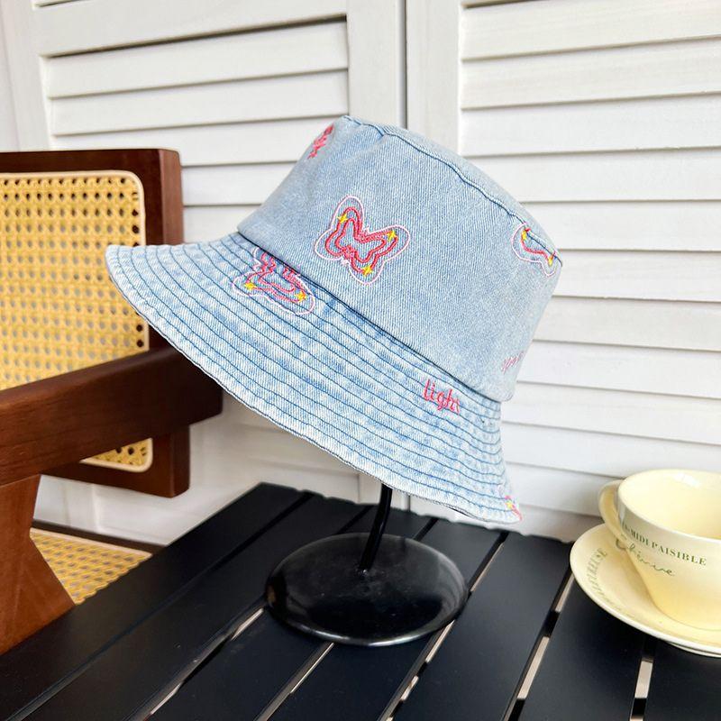

RICYGVM Embroidery Butterfly Cowboy Fisherman Hat Fashion Blue Denim Bucket Cap For Women Wide Brim Sun Protection Basin Caps one size