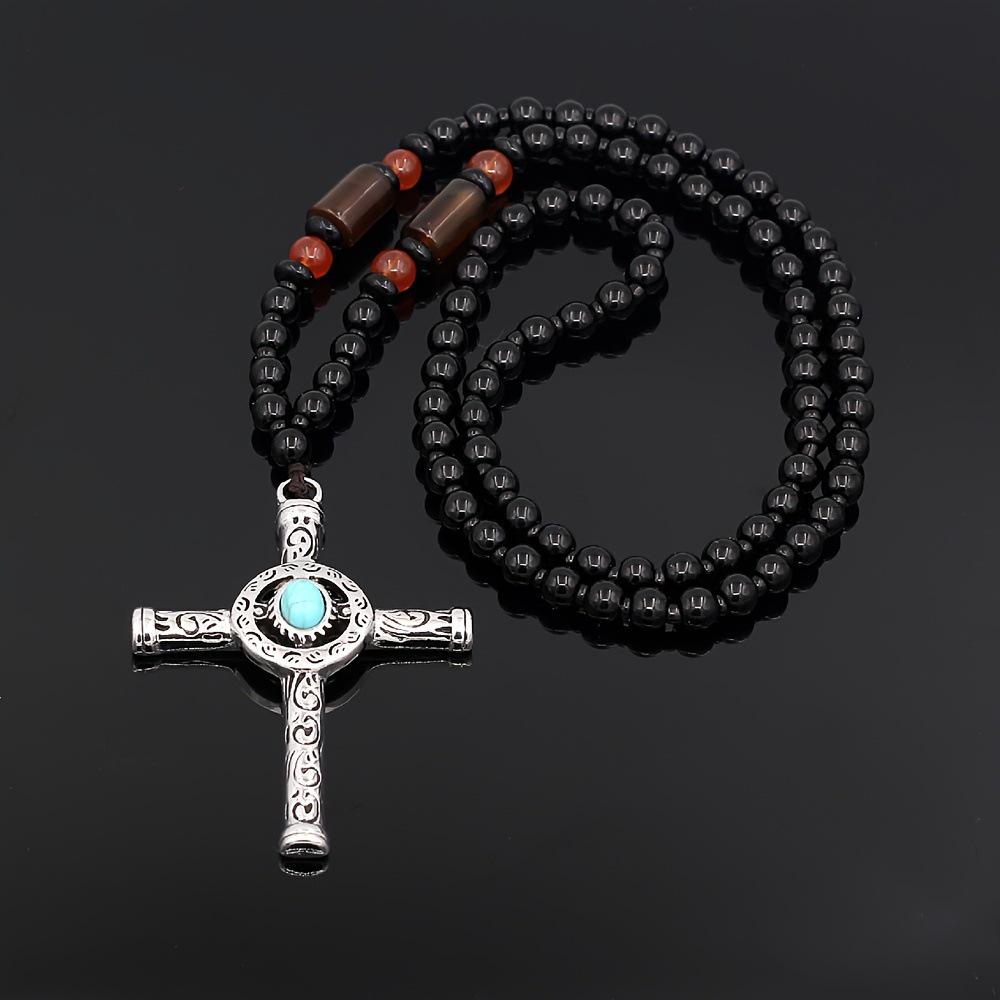 Vintage European Turquoise Cross Pendant Necklace with Black Glass Beads