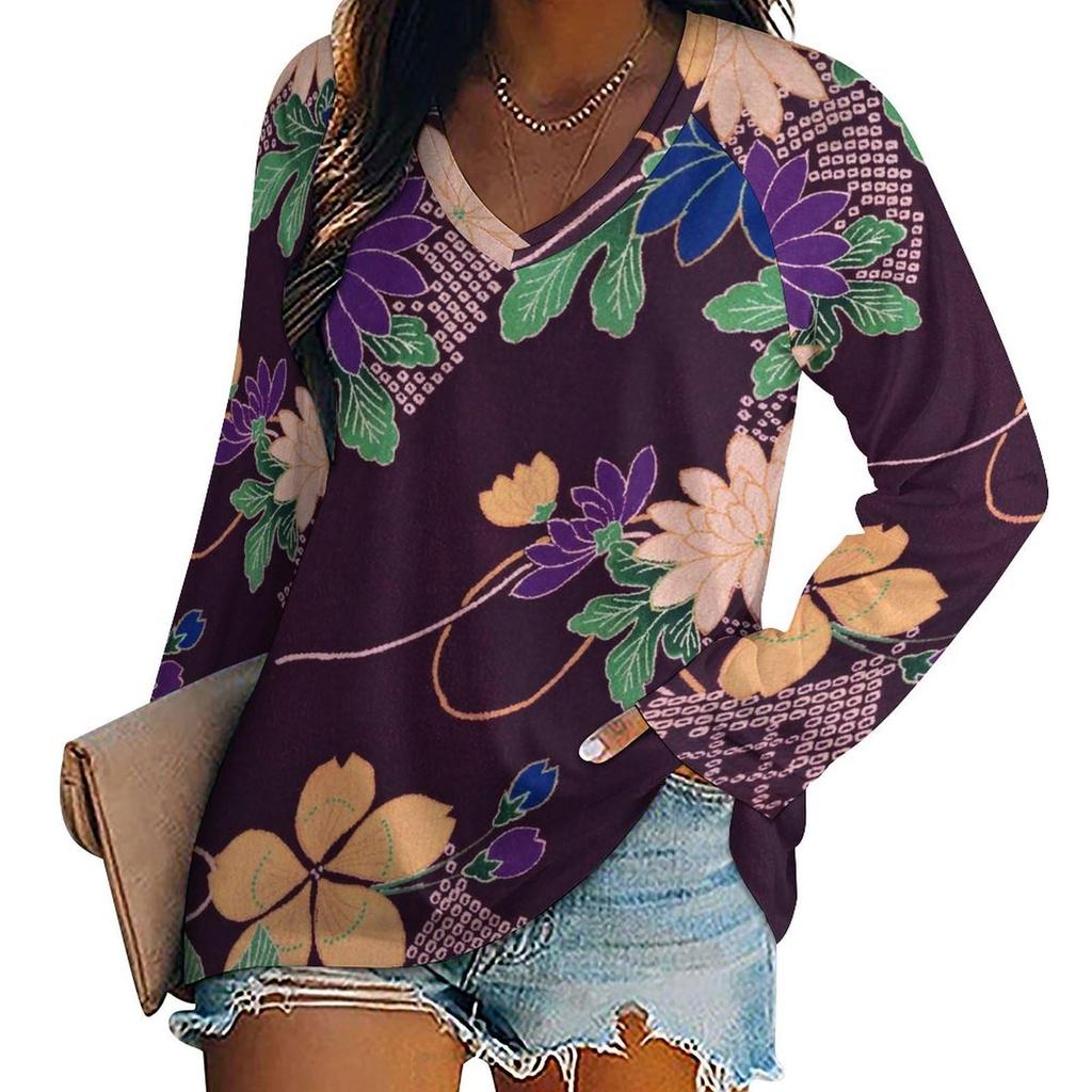 Women's Elegant V-Neck Marble Print Long Sleeve T-Shirt Soft Polyester Great for Autumn and Winter Casual Wear Floral Print Tops
