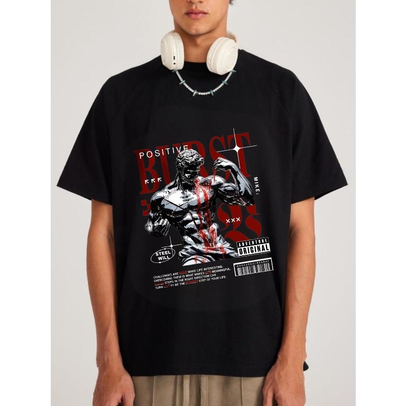 Men's Black T-Shirt Positive Burst Muscle Man Graphic Print Streetwear Casual Wear