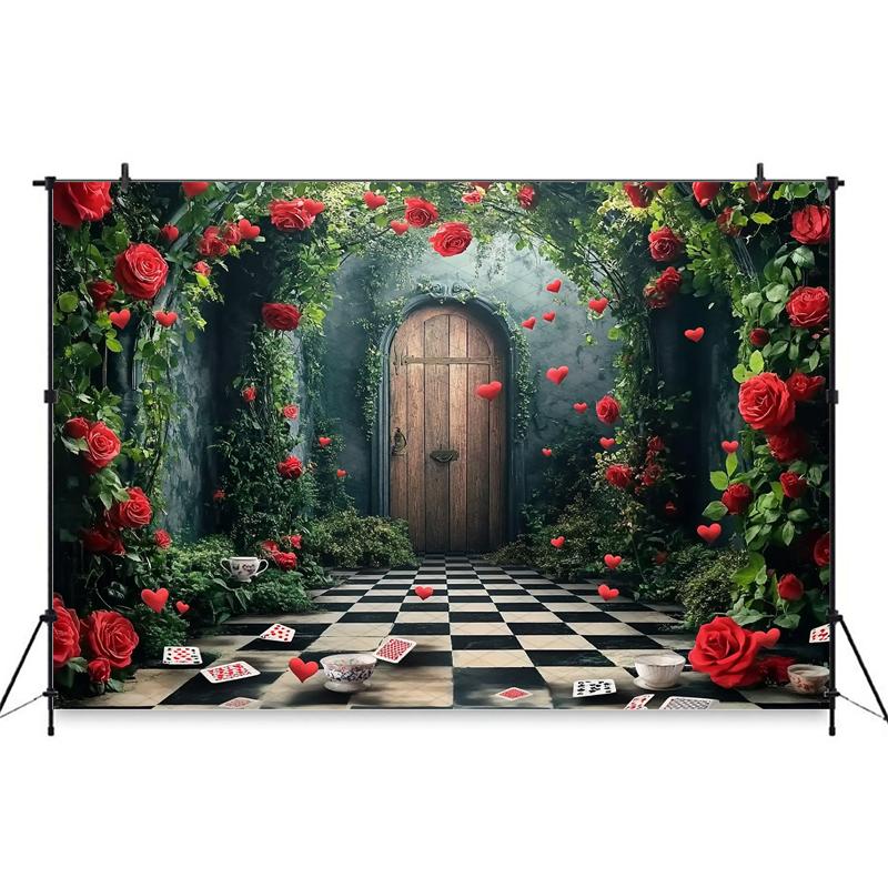 Mocsicka Spring Backdrop Easter Red Rose Flower Green Wall Card Door Black White Grid Floor Wedding Decorations Party Ba396