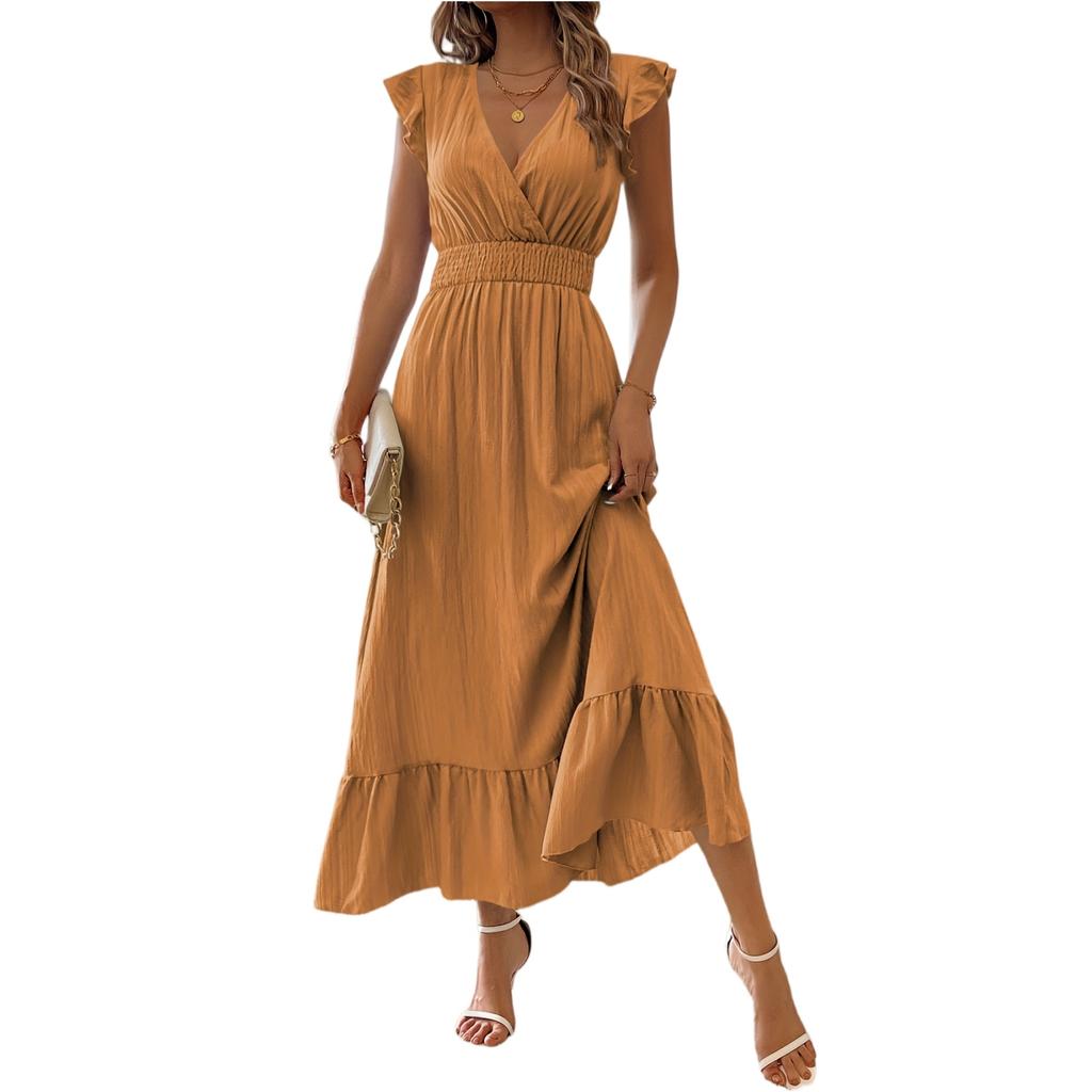 Women's Casual Fashion High-waisted V-neck A-line Dress With Ruffle Sleeves Ruffle Sleeves