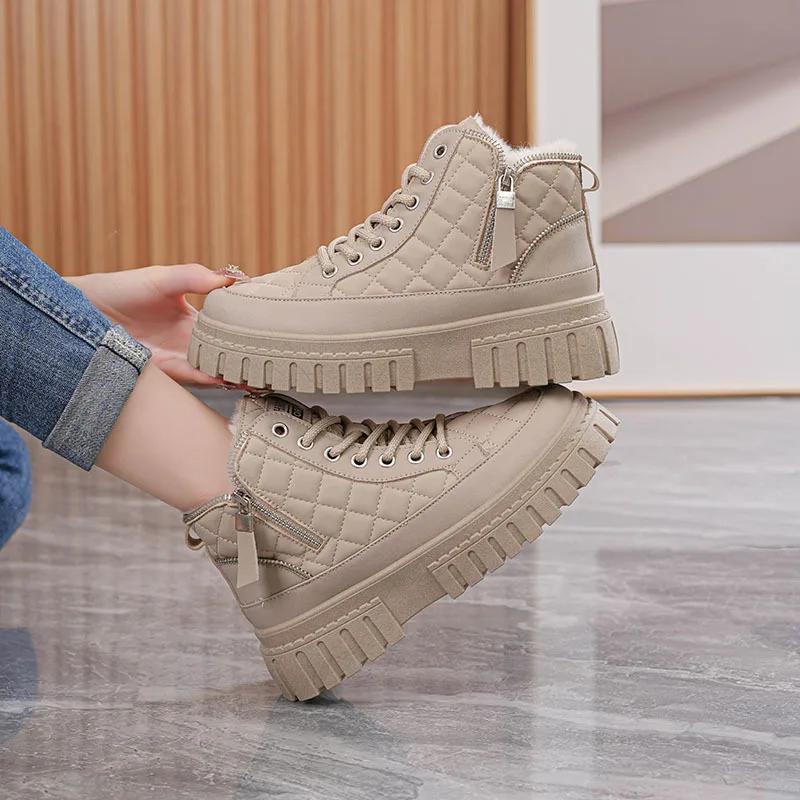 Móda 2025 Dámské zimní boty Nové vysoké dámské plyšové teplé studentské bavlněné boty na silné podrážce šněrovací zvyšující výšku bavlněné boty