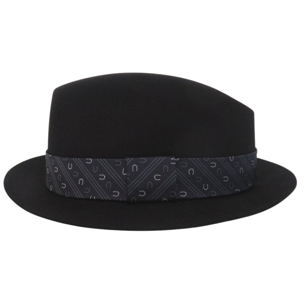 Used AUTHENTIC HERMES Felt Fedora Hat Size 59 Black Blue Silk Leather