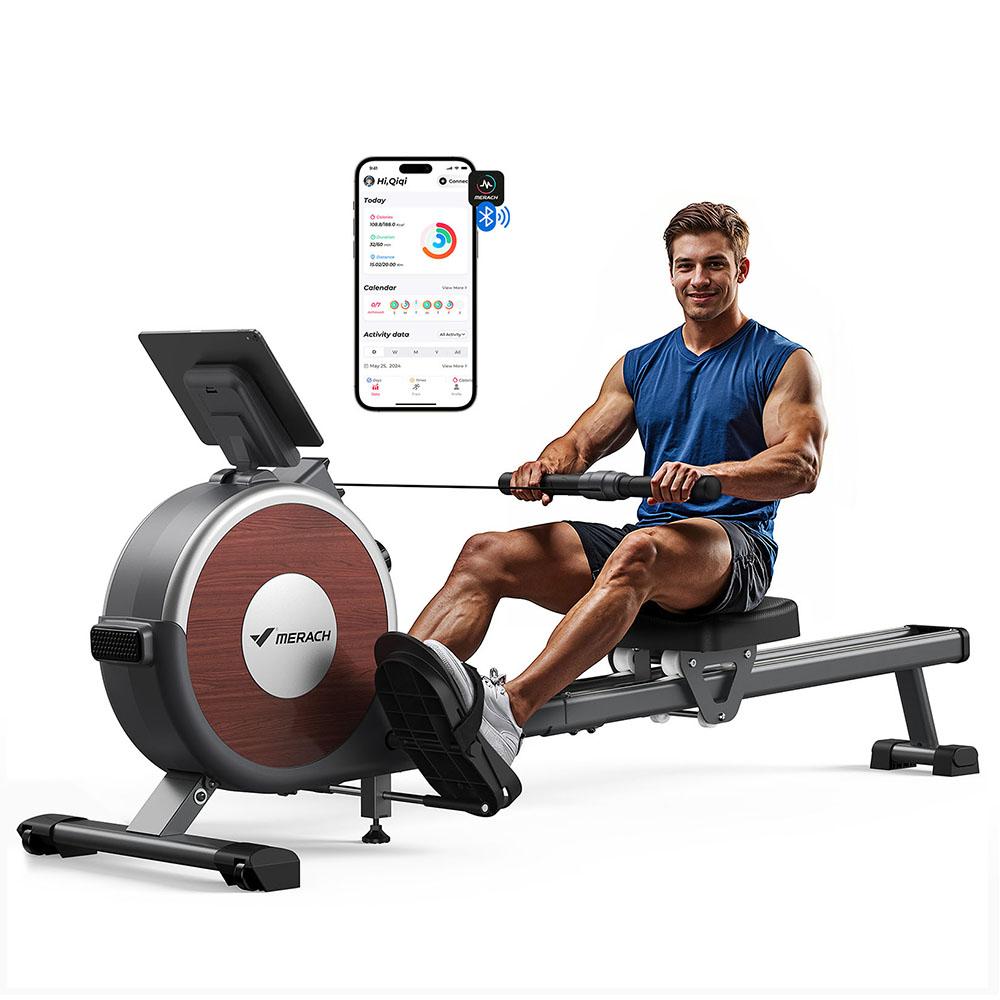 MERACH Q1S Magnetický veslovací trenažér, 16 úrovní odporu, nosnost 350 liber, dvojitá kolejnice, LCD monitor, kompatibilní s aplikací, černý