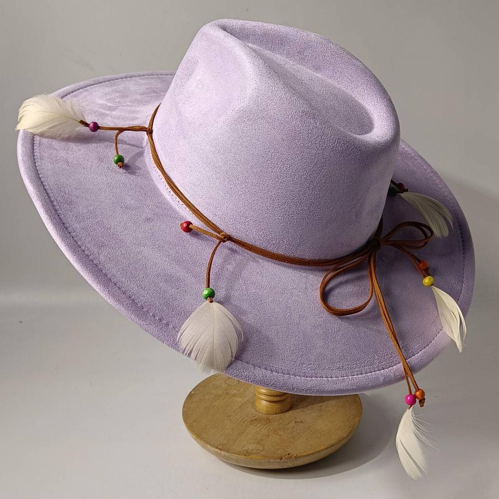 2026Bohemian style suede hat, brim 9.5 cm fedora with feather accessories, classic church hat, wide brim hat, women's hat