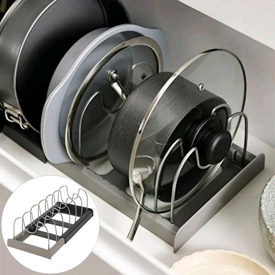 Multifunctional Kitchen Pots & Pans Organizer Stainless Steel Dish Rack Pot Lid Plate Bowl Retractable Storage Shelf Dinner Pans Cutting grigio