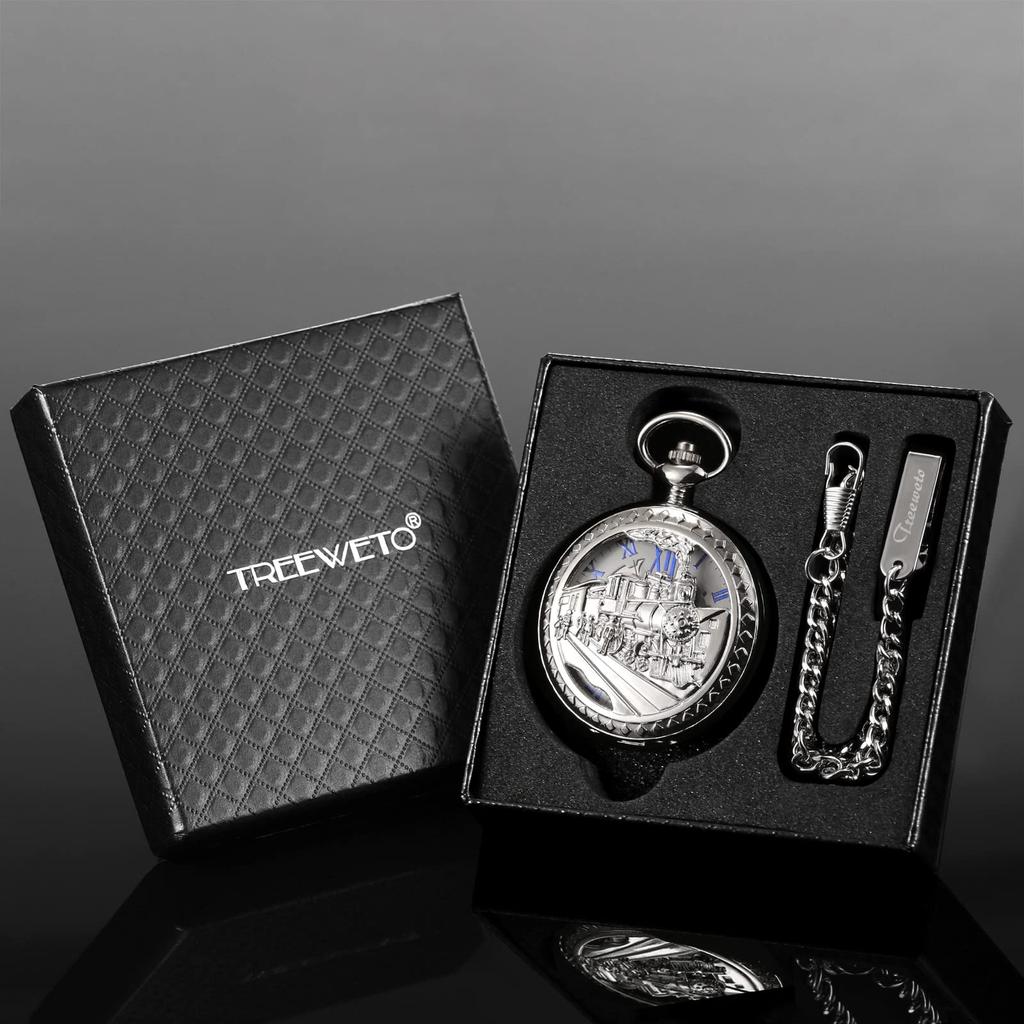 TREEWETO Mechanische Taschenuhr Antik Römisch mit Kette, Eisenbahn-Thema Skelett, Ziffern, Silber,