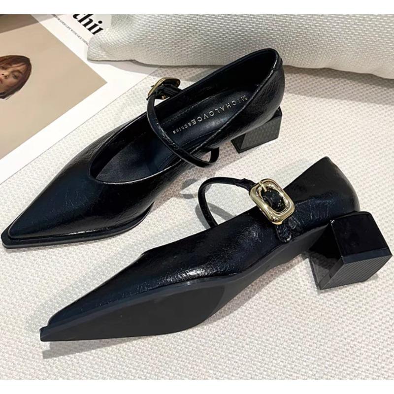 Fashion New Spring Style Pointed Toe Square Heel Versatile Style Single Shoes Women's Shoes Medium Professional Buckle Dress High Heels