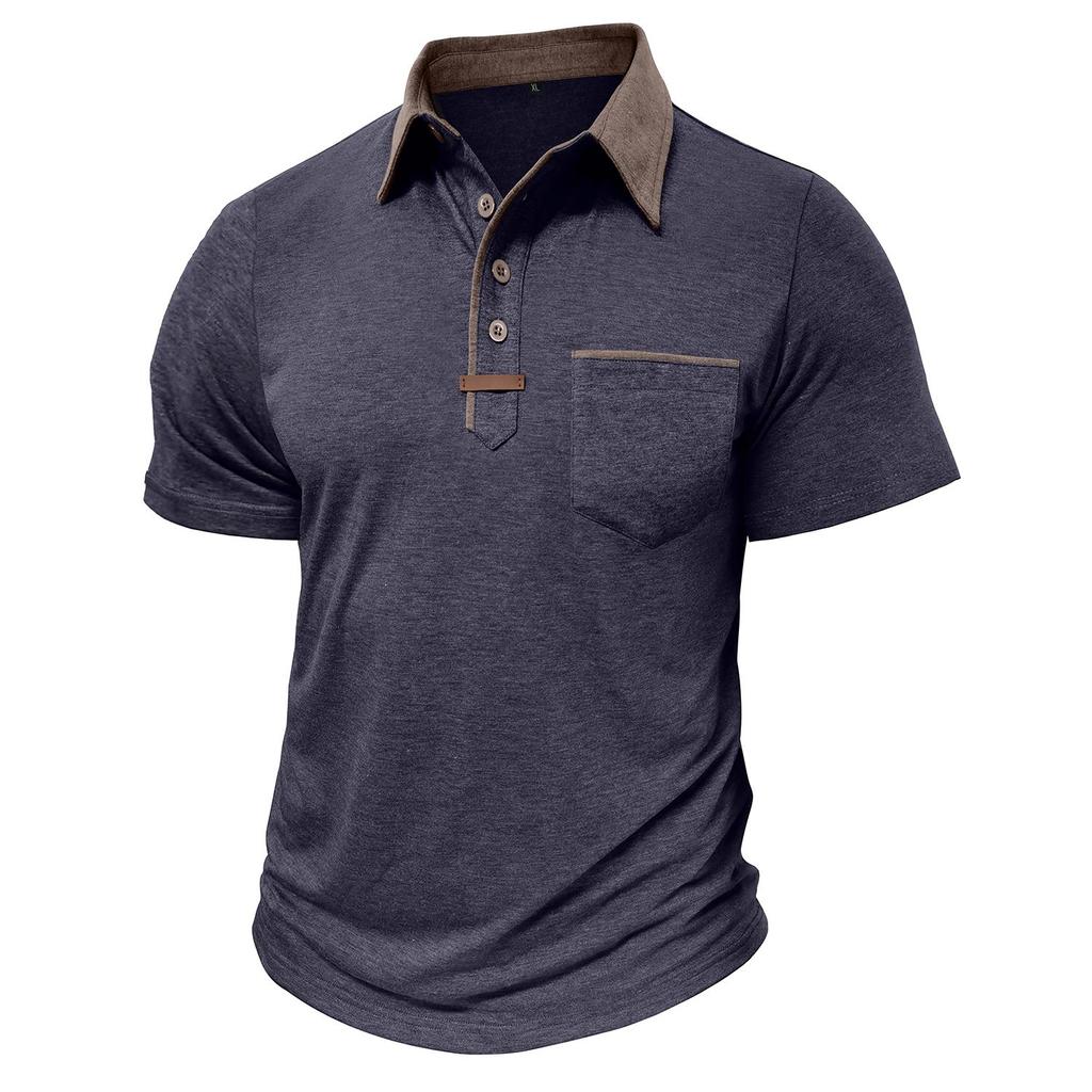 Men’s Short Sleeves T-shirts Lapel Collar Color Block Polo Shirts Chest Pocket Summer Tops Casual Wear