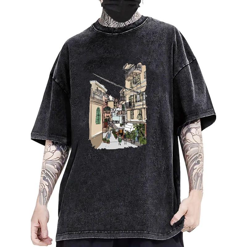 

European sizes Men S Short-Sleeve T-Shirt with an Acid-Washed Graphic Print, Perfect for Everyday Outings S чёрный