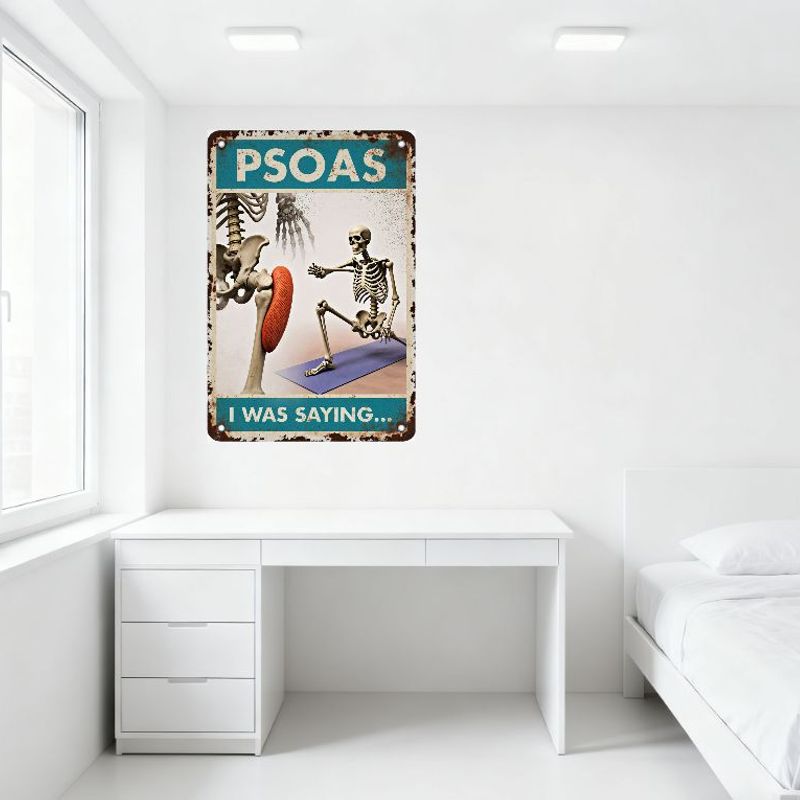 Vintage Psoas Skeleton Metal Tin Sign with Blue Background, Hip/Spine/Full - Body Skeleton Illustrations, 'I WAS SAYING...' Text