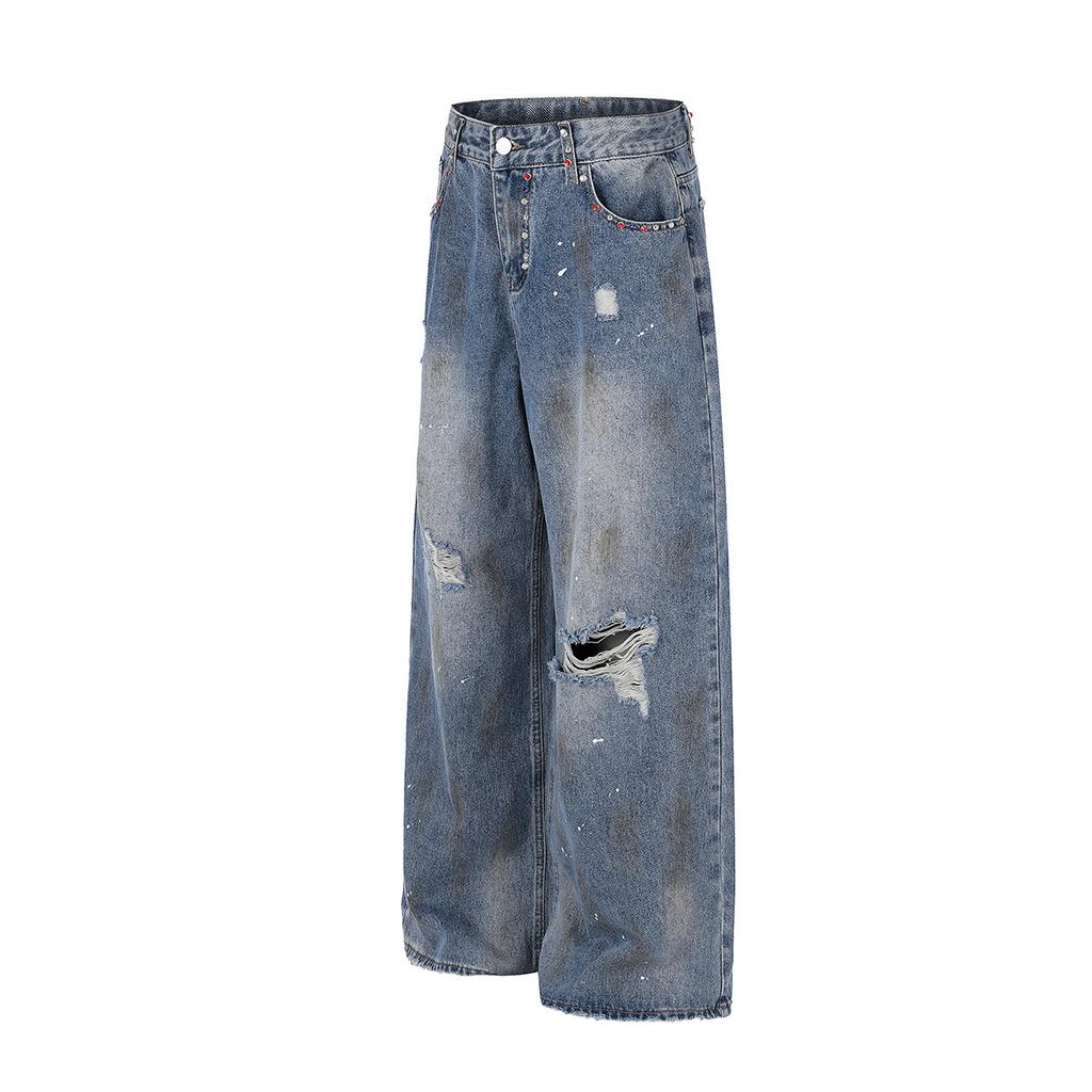 European, American high street waste soil feng shui washing destroys personalized rivet jeans loose wide-leg pants