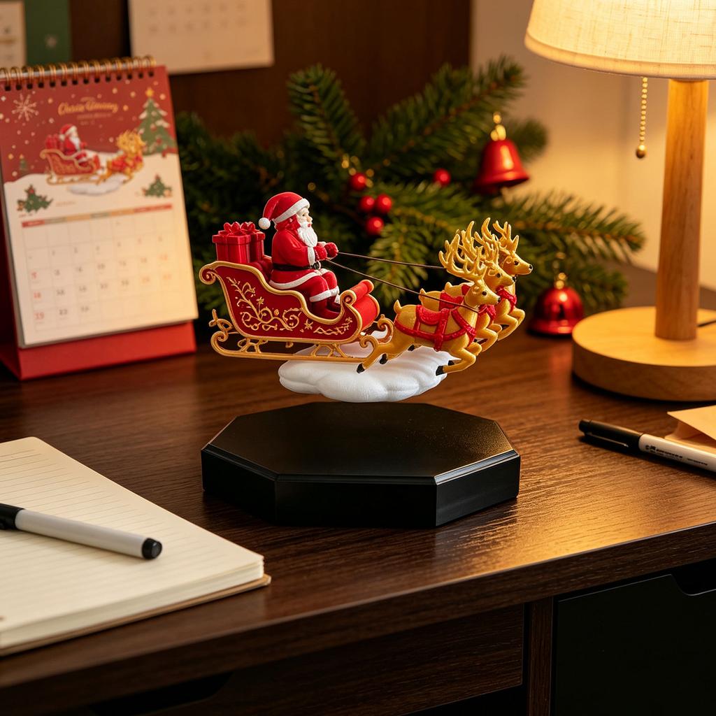 Innovative saisonale Heimdekoration Schwebender Weihnachtsmannschlitten, Fliegender Schlitten Magnetische Levitation Weihnachtsdekorationen, Festliches Schreibtisch-Klaus Tischplatten-Ornament
