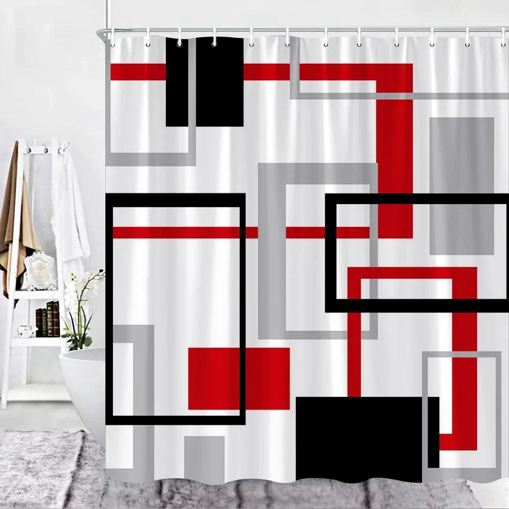 Color Geometric Shower Curtain Set Mid Century Modern Retro Drop Shapes Abstract Art Bathroom Polyester Fabric Curtains Hooks