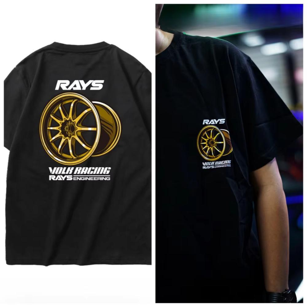 Fashion New Japanese Modified Car RAYS Wheel Hub Pattern Printed Summer Cotton Shortsleeved Tshirt for Both Unisex and Women