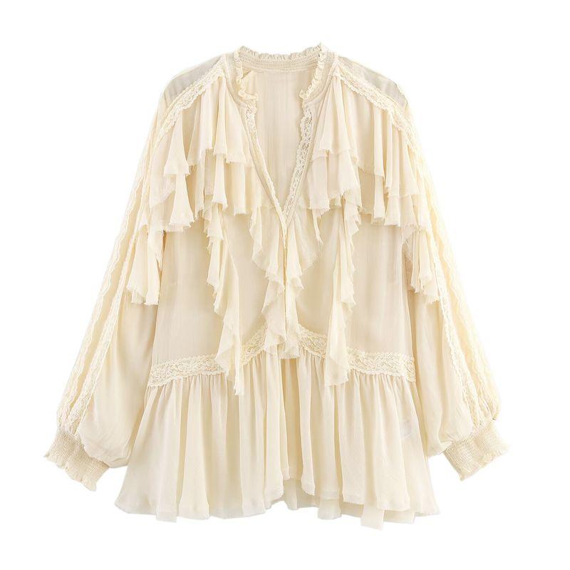

Araltay New Arrival Fashion Style Women s Fashion All-Match Laminated Decoration Lace Shirt 5107280 712 Beige White L