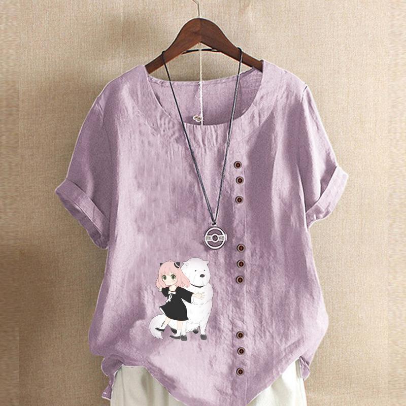 Damenmode Cartoon-Figuren Bedrucktes Kurzarm-T-Shirt Lockeres Baumwollhemd Lässige Lockere Sommerbluse Tops Übergröße