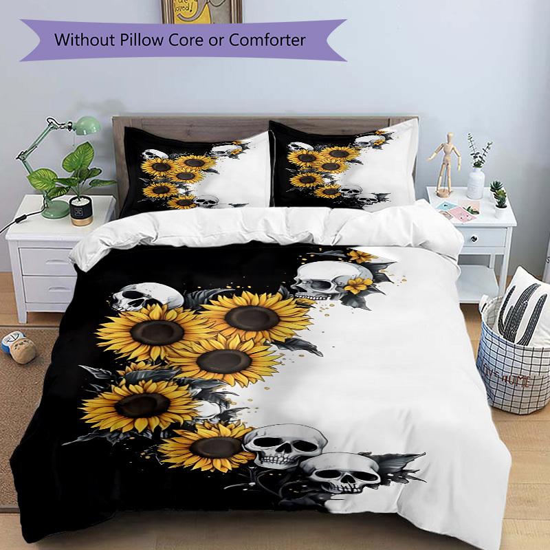 3pcs Skull Sunflower Design Duvet Cover Set - Machine Washable, Includes 1 Cover and 2 Pillowcases, No Core Included Yy251013143