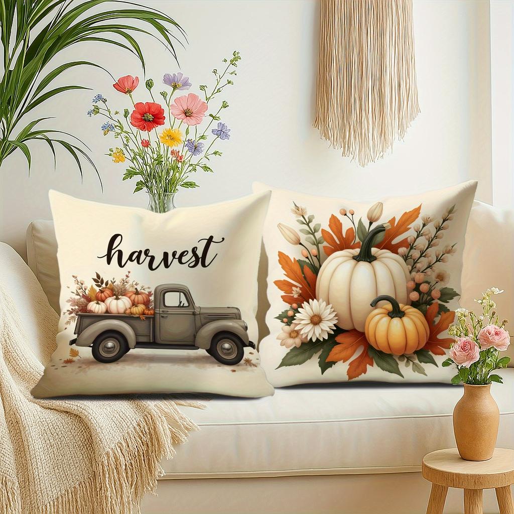 4Pcs Thanksgiving Vintage Truck And Fall Decorative Pillow Covers - Country Farmhouse Style, Polyester, Single-Sided Print,