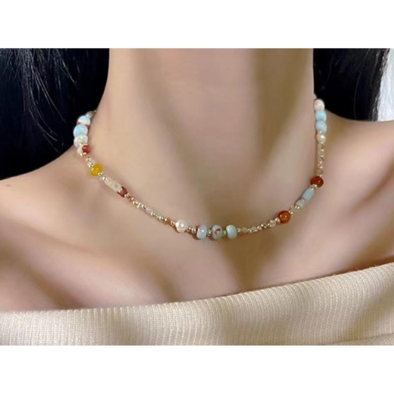 Handmade Handwoven Natural Stone Beaded Chain Necklace Featuring Pearls Pendant for Women's Fashion Jewelry Pieces