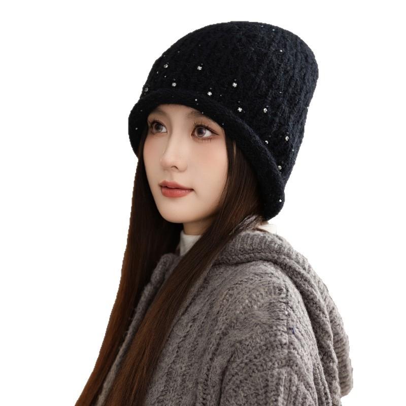 Women's Autumn and Winter Fashion Versatile Big Head Wing Rabbit Fur Warm Hat Korean Style Plus Velvet Thickened Windproof Knitted Wool Hat