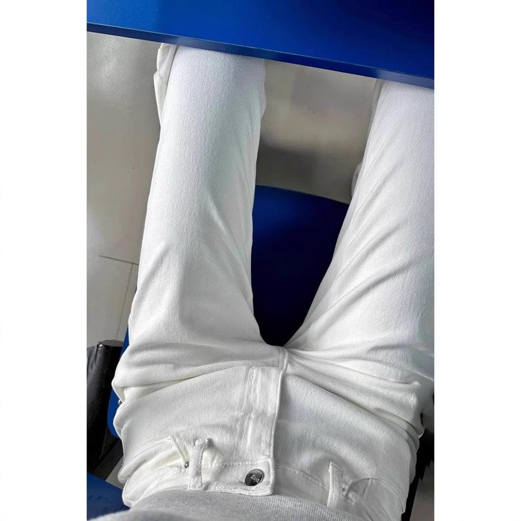 170 Extra Long White Slim Straight-Leg High Waist Jeans for Tall Women - Stretch Cigarette Pants for Spring and Autumn