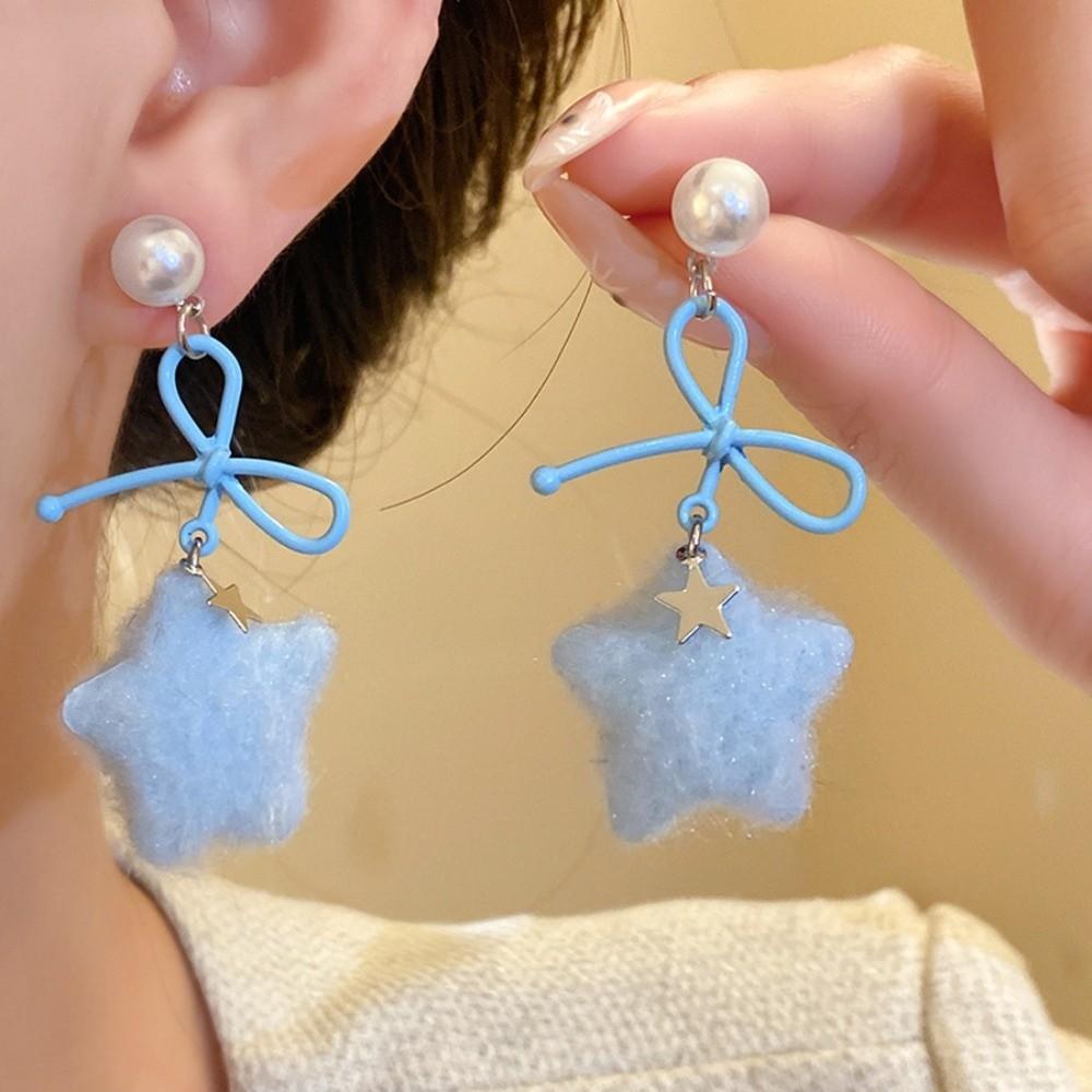Pearl Plush Star Earrings Stars Y2K Drop Earrings Cute Winter Bow Star Earrings Girls Gift