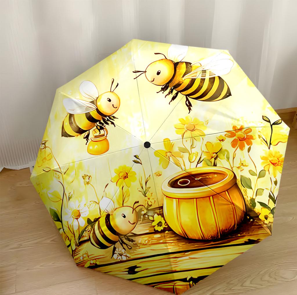 Bee And Floral Garden Portable Automatic Umbrella Retractable Design with 8-Rib Durability Durable Plastic & Iron for Outdoor Daily Use