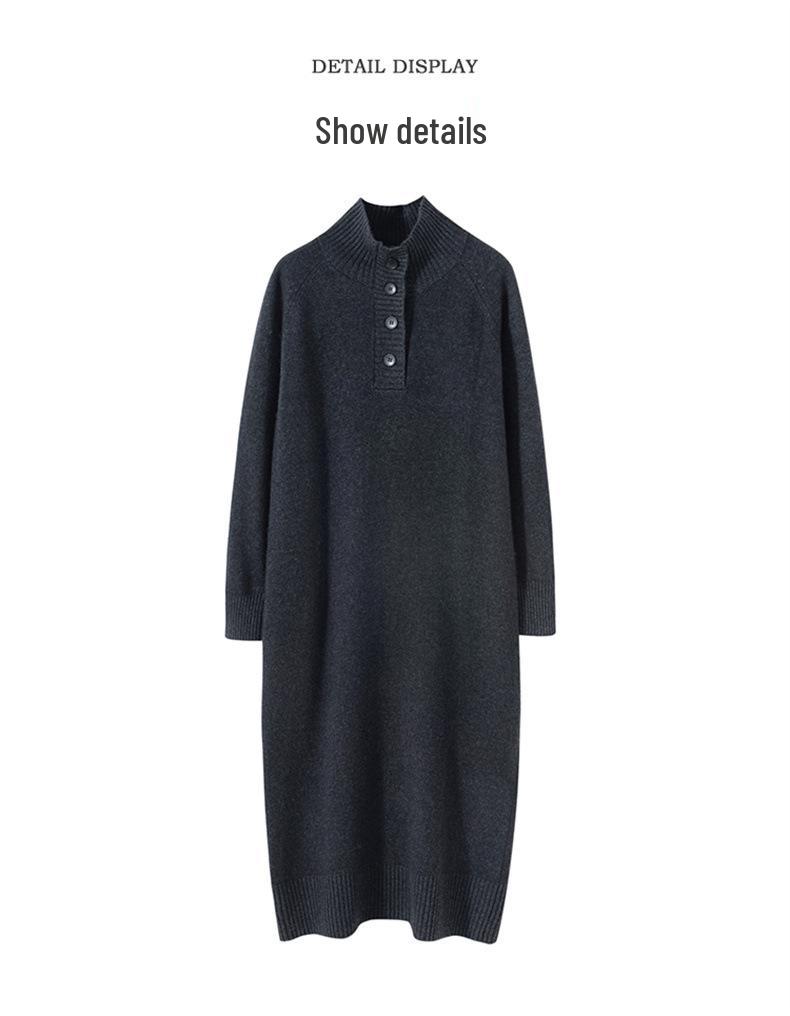 Women's High-Neck Cashmere Knit Dress - Button-Up, Knee-Length, Thick for Autumn/Winter