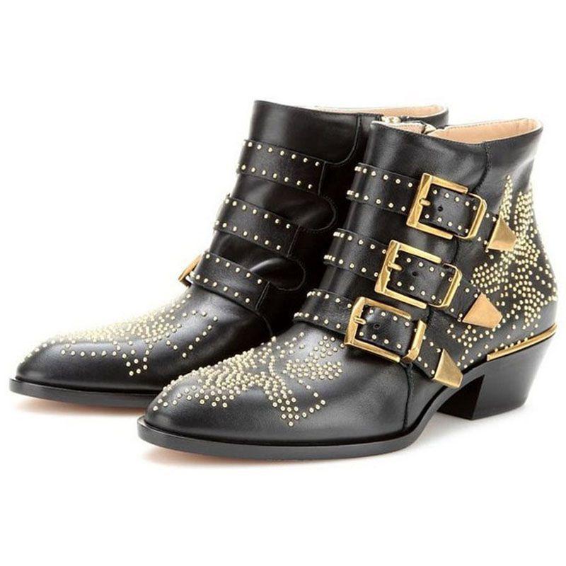 Fashion Brand Catwalk Rivet Cow Leather Short Boots Autumn Winter Retro Large35-45 Ankle Boots4cm Thick Heel Rock Night Club Women Shoes