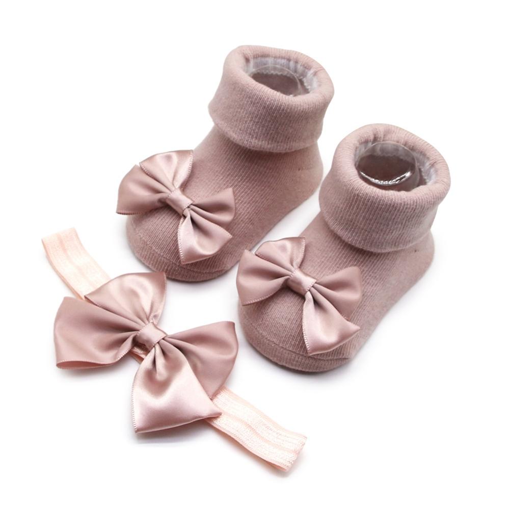 

Толстые носки для маленьких девочек, хлопковые милые носки с бантом и комплект повязок для волос S