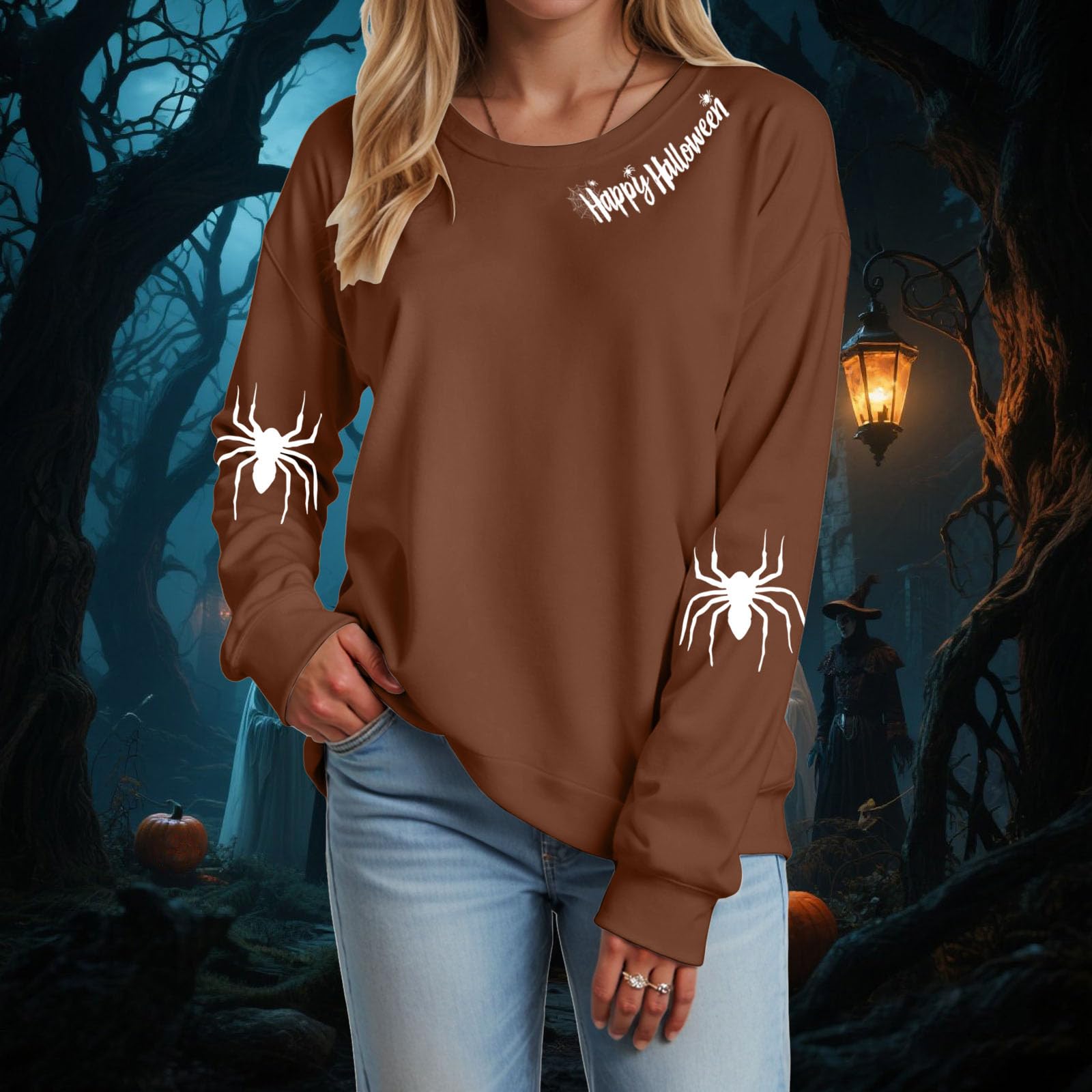 

Women s Fashion Casual Round Neck Long Sleeve Print T-shirt Top(Happy Halloween) S