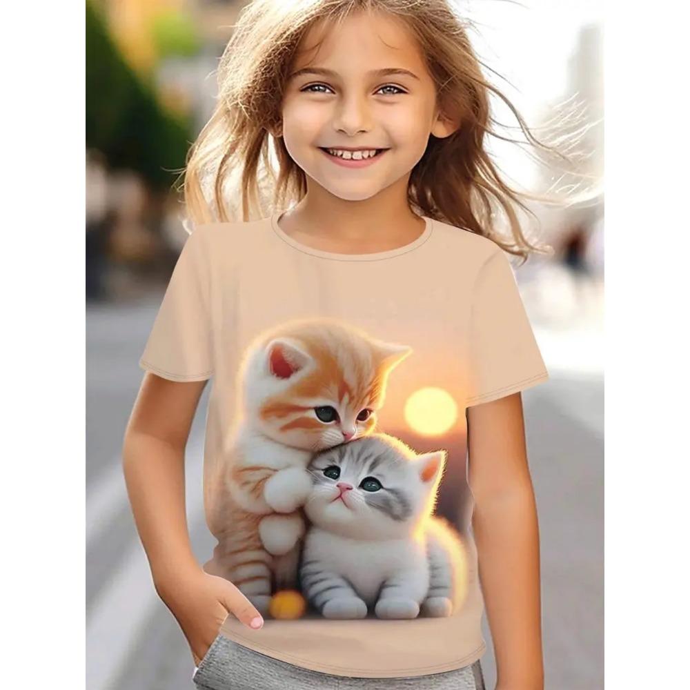Girl Clothes Kawaii Cat Pattern Print Summer Short Sleeve Tops Casual Fashion T-Shirt Outdoor Lightweight Children's Clothing