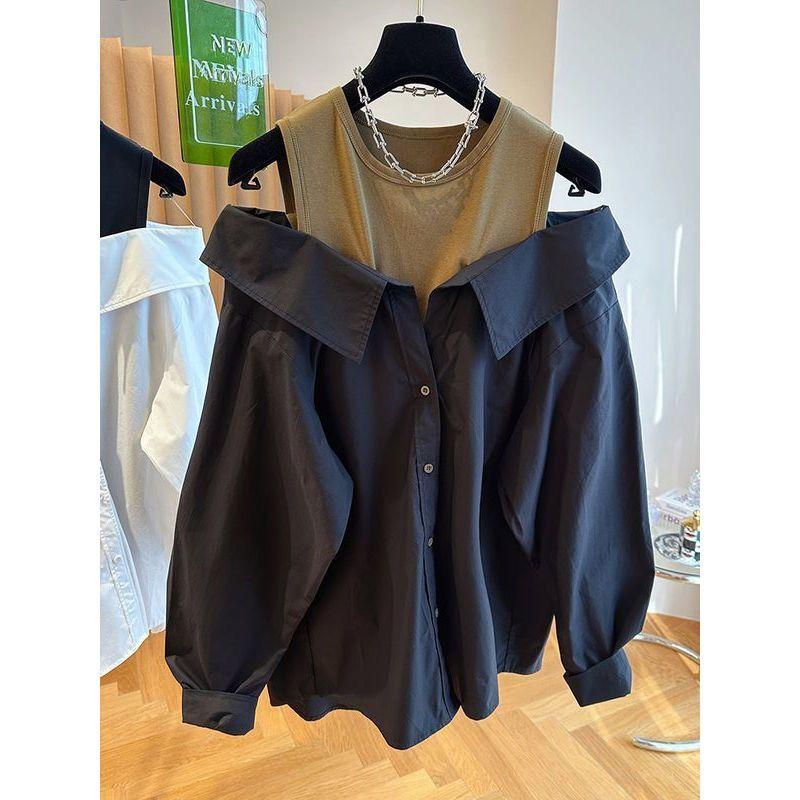 

Жіноча фальшива двосекційна блузка з коміром-поло, вільний топ, зрощені сорочки з довгими рукавами, блузки з відкритими плечима, осінні пуловери, топ XXXL чорний